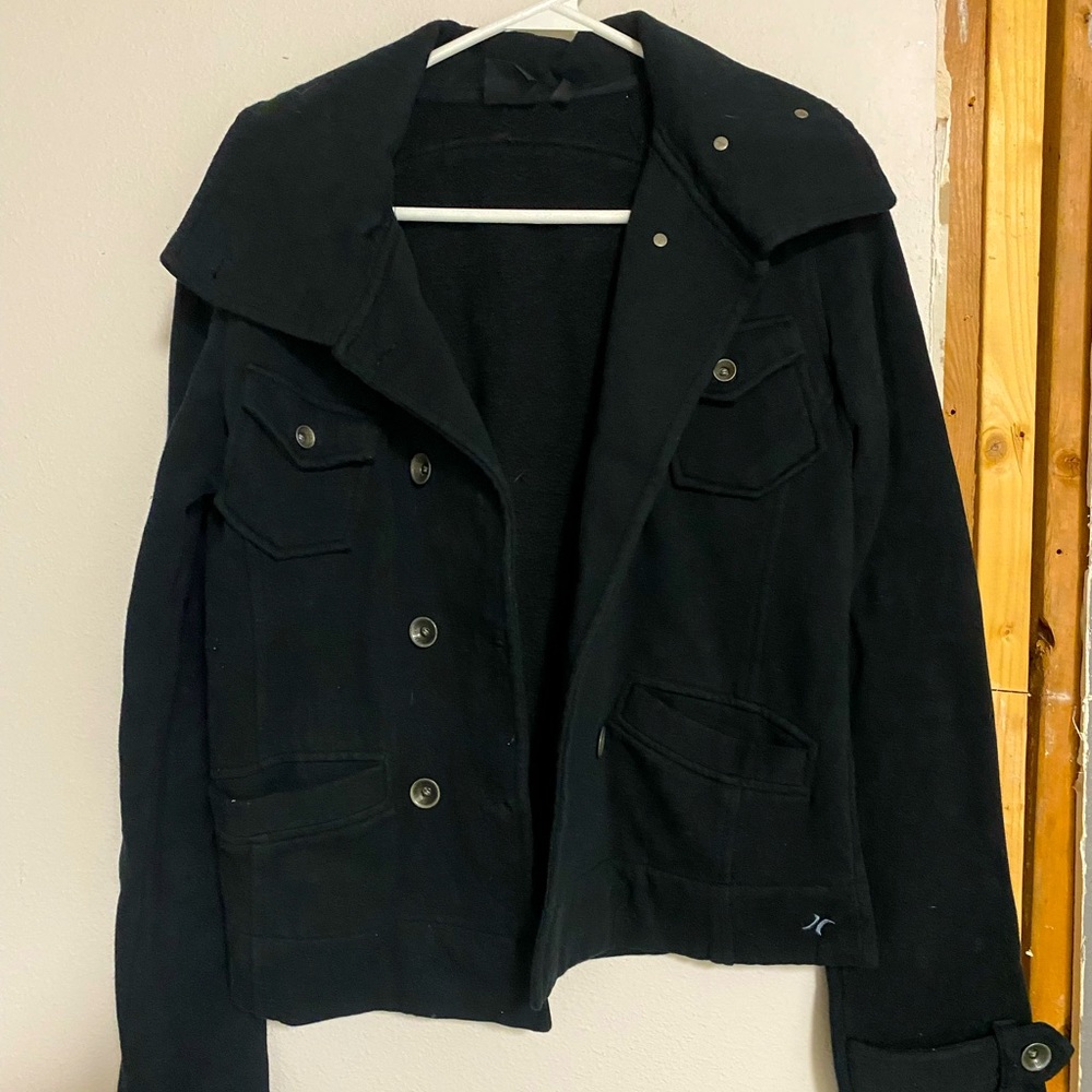 Hurley Black Small Front Button Cotton Hooded Pea Coat
